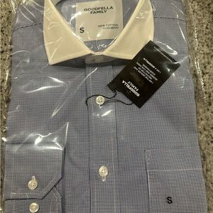 Goodfella men’s no iron dress shirt blue window pane white contrast collar.  New
